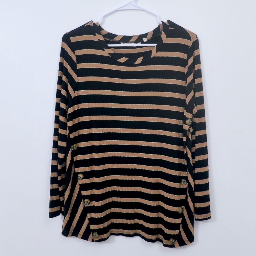 Soft Surroundings Smooth Sailing Striped Tunic Sz L in Blk, Mocha, Gold Stripe